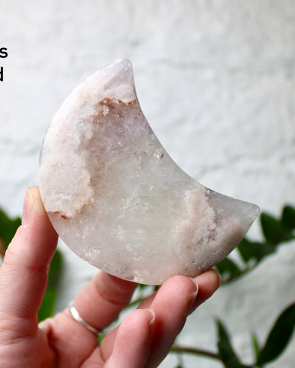 Pink Amethyst Flower Agate Moon Carvings – Soft Pink and Pastel Purple Crystal Moons on Silver Display Stands