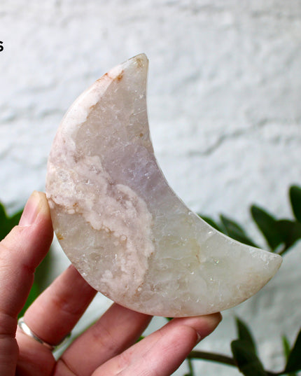 Pink Amethyst Flower Agate Moon Carvings – Soft Pink and Pastel Purple Crystal Moons on Silver Display Stands