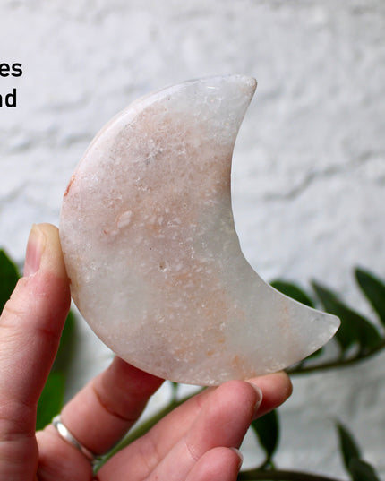 Pink Amethyst Flower Agate Moon Carvings – Soft Pink and Pastel Purple Crystal Moons on Silver Display Stands