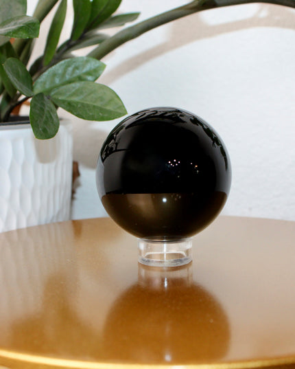 XL Black Obsidian Sphere – 65mm Polished Volcanic Glass Crystal Ball Stand Included for Display, Decor, or Gift