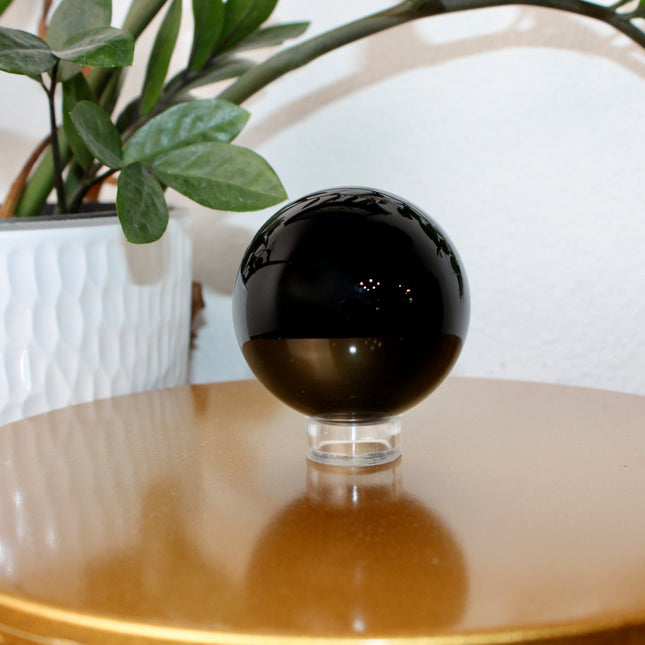 XL Black Obsidian Sphere – 65mm Polished Volcanic Glass Crystal Ball Stand Included for Display, Decor, or Gift - EC Plugs