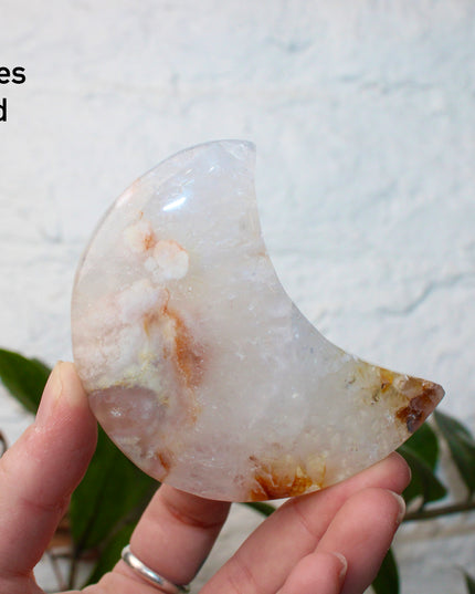 Pink Amethyst Flower Agate Moon Carvings – Soft Pink and Pastel Purple Crystal Moons on Silver Display Stands