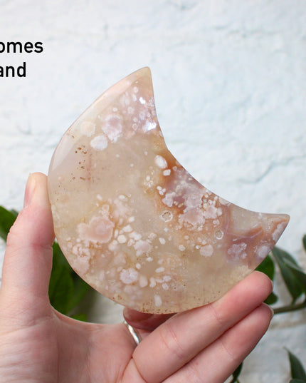 Pink Amethyst Flower Agate Moon Carvings – Soft Pink and Pastel Purple Crystal Moons on Silver Display Stands