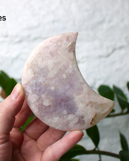 Pink Amethyst Flower Agate Moon Carvings – Soft Pink and Pastel Purple Crystal Moons on Silver Display Stands