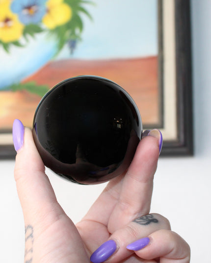 XL Black Obsidian Sphere – 65mm Polished Volcanic Glass Crystal Ball Stand Included for Display, Decor, or Gift