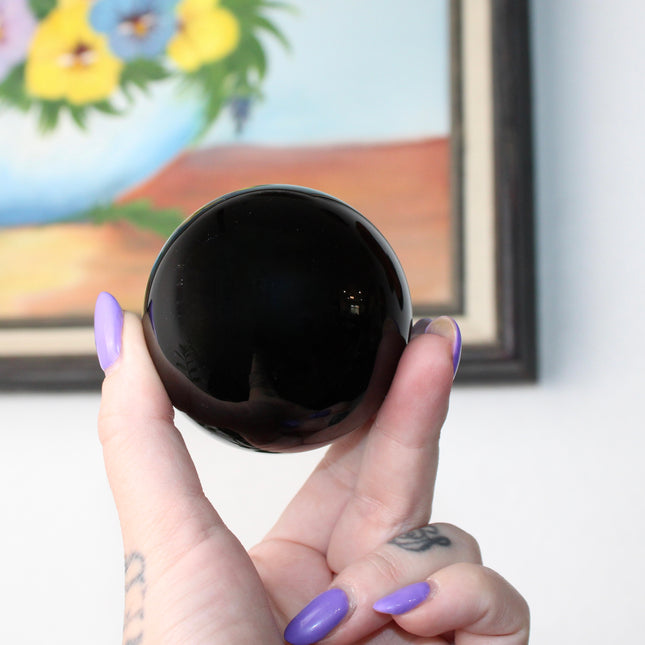 XL Black Obsidian Sphere – 65mm Polished Volcanic Glass Crystal Ball Stand Included for Display, Decor, or Gift - EC Plugs