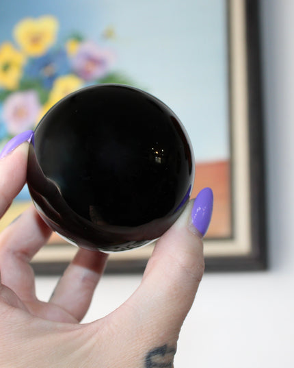 XL Black Obsidian Sphere – 65mm Polished Volcanic Glass Crystal Ball Stand Included for Display, Decor, or Gift