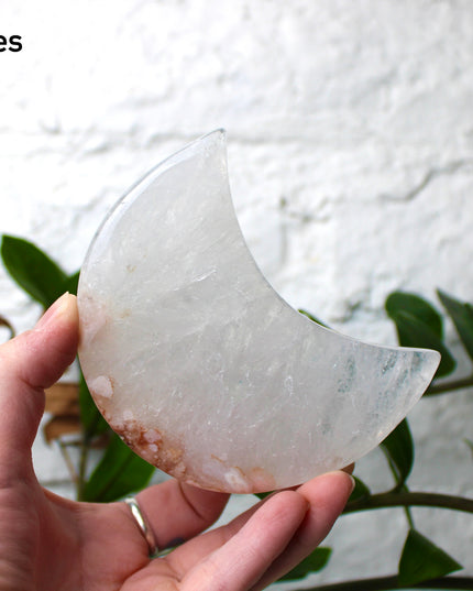 Pink Amethyst Flower Agate Moon Carvings – Soft Pink and Pastel Purple Crystal Moons on Silver Display Stands