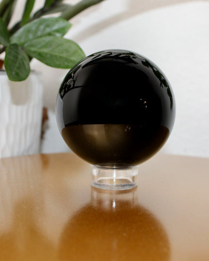 XL Black Obsidian Sphere – 65mm Polished Volcanic Glass Crystal Ball Stand Included for Display, Decor, or Gift