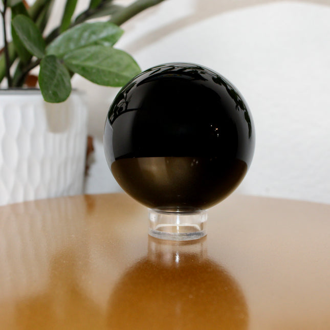 XL Black Obsidian Sphere – 65mm Polished Volcanic Glass Crystal Ball Stand Included for Display, Decor, or Gift - EC Plugs