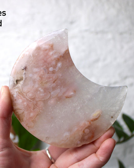 Pink Amethyst Flower Agate Moon Carvings – Soft Pink and Pastel Purple Crystal Moons on Silver Display Stands