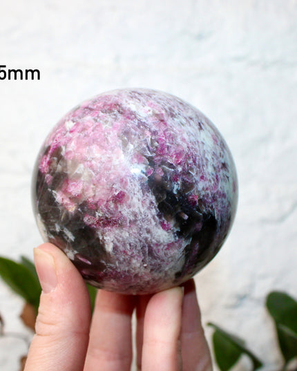 XL Pink Tourmaline Smoky Quartz Sphere – 75mm Polished Crystal Ball with Bright Pink, Purple, and Gray