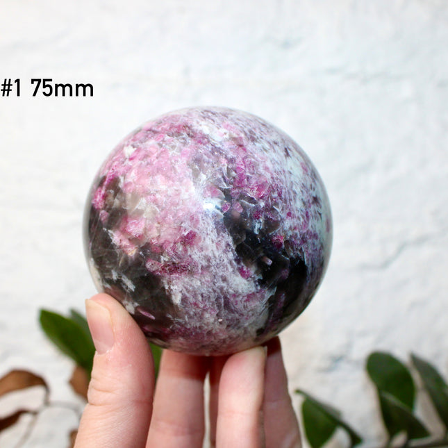 XL Pink Tourmaline Smoky Quartz Sphere – 75mm Polished Crystal Ball with Bright Pink, Purple, and Gray