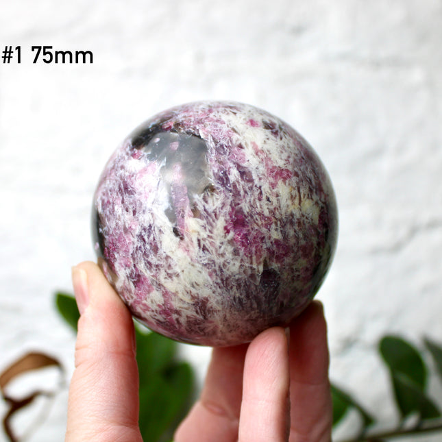 XL Pink Tourmaline Smoky Quartz Sphere – 75mm Polished Crystal Ball with Bright Pink, Purple, and Gray