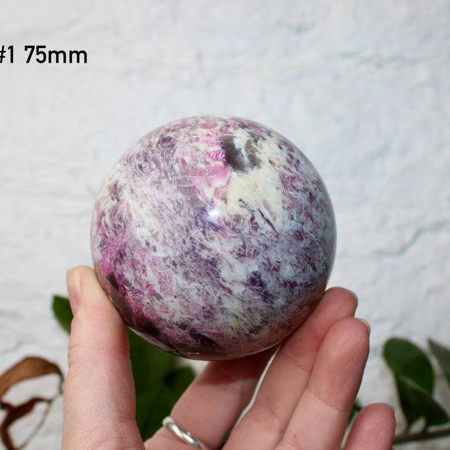 XL Pink Tourmaline Smoky Quartz Sphere – 75mm Polished Crystal Ball with Bright Pink, Purple, and Gray
