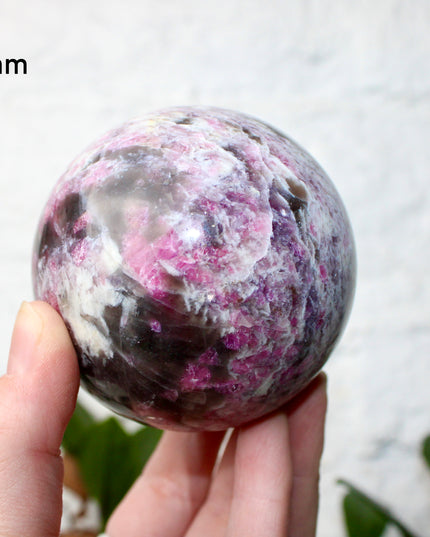 XL Pink Tourmaline Smoky Quartz Sphere – 75mm Polished Crystal Ball with Bright Pink, Purple, and Gray