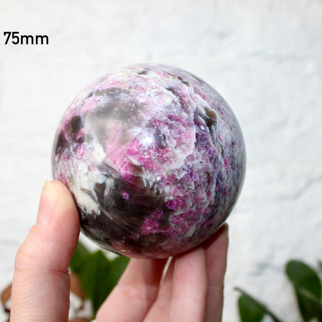 XL Pink Tourmaline Smoky Quartz Sphere – 75mm Polished Crystal Ball with Bright Pink, Purple, and Gray