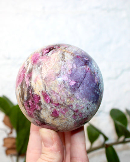 XL Pink Tourmaline Smoky Quartz Sphere – 75mm Polished Crystal Ball with Bright Pink, Purple, and Gray