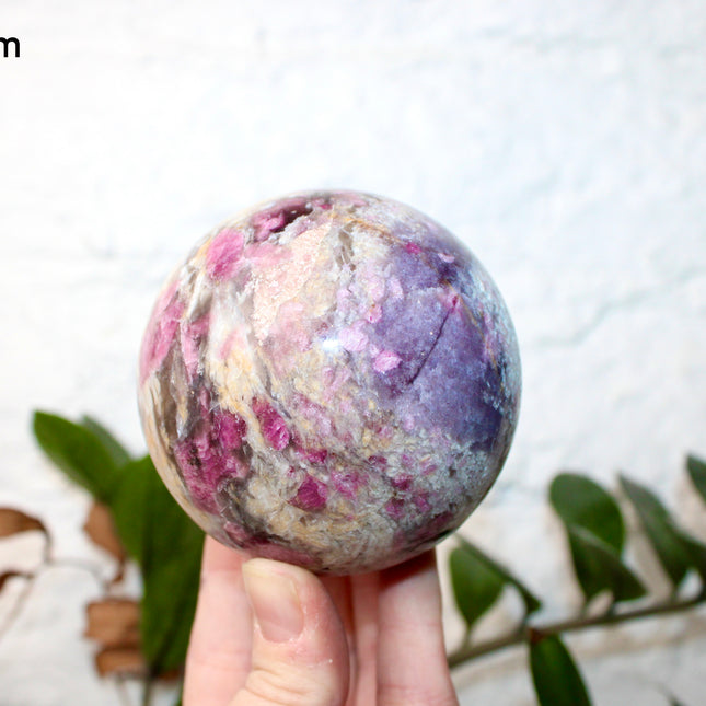 XL Pink Tourmaline Smoky Quartz Sphere – 75mm Polished Crystal Ball with Bright Pink, Purple, and Gray