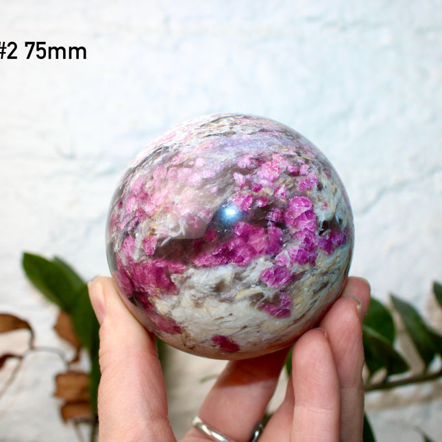 XL Pink Tourmaline Smoky Quartz Sphere – 75mm Polished Crystal Ball with Bright Pink, Purple, and Gray