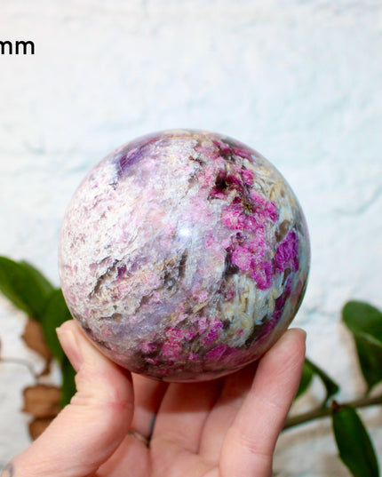 XL Pink Tourmaline Smoky Quartz Sphere – 75mm Polished Crystal Ball with Bright Pink, Purple, and Gray