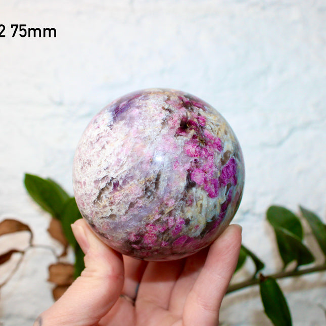 XL Pink Tourmaline Smoky Quartz Sphere – 75mm Polished Crystal Ball with Bright Pink, Purple, and Gray