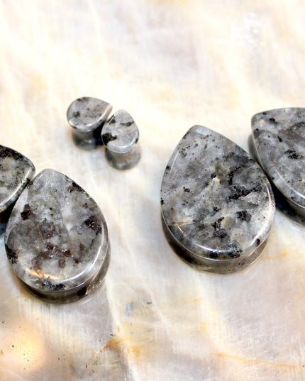 Larvikite Black Flashy Labradorite Tear Drop Plugs - Pair of Gray and Black Stone Gauges