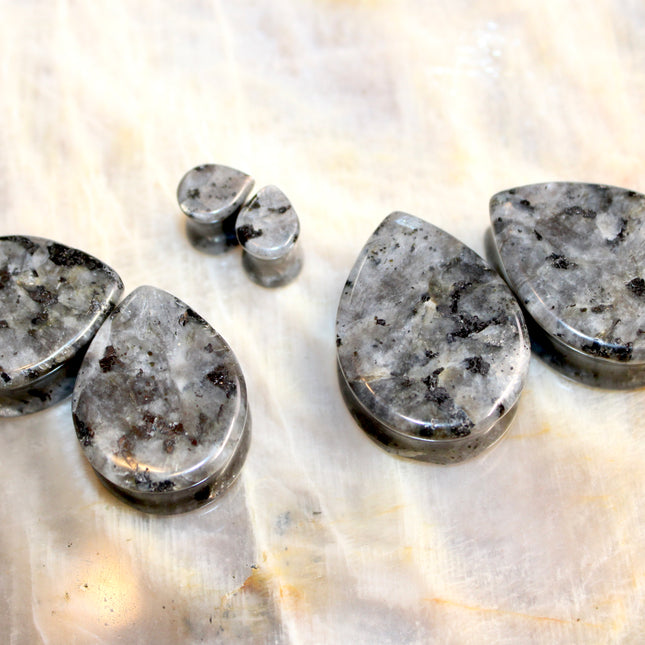 Larvikite Black Flashy Labradorite Tear Drop Plugs - Pair of Gray and Black Stone Gauges