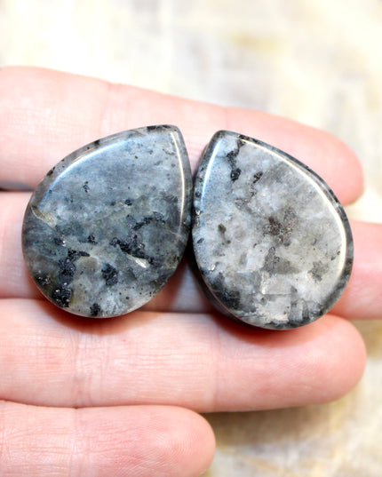 Larvikite Black Flashy Labradorite Tear Drop Plugs - Pair of Gray and Black Stone Gauges