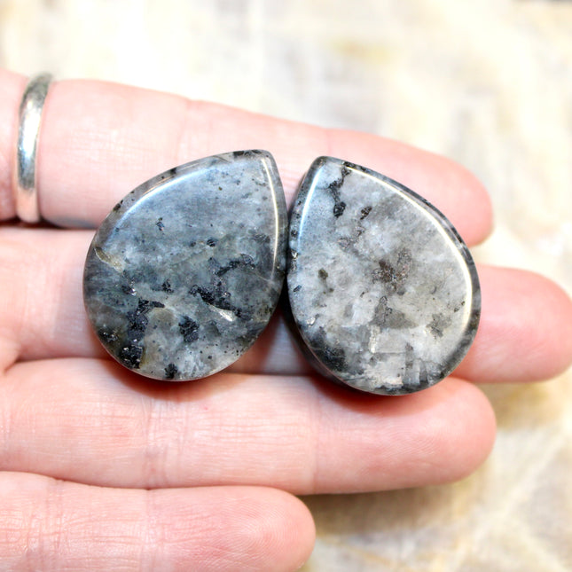 Larvikite Black Flashy Labradorite Tear Drop Plugs - Pair of Gray and Black Stone Gauges