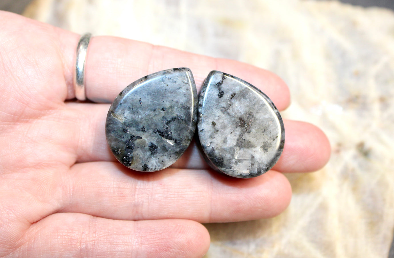 Larvikite Black Flashy Labradorite Tear Drop Plugs - Pair of Gray and Black Stone Gauges