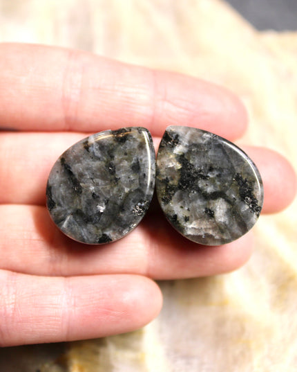 Larvikite Black Flashy Labradorite Tear Drop Plugs - Pair of Gray and Black Stone Gauges
