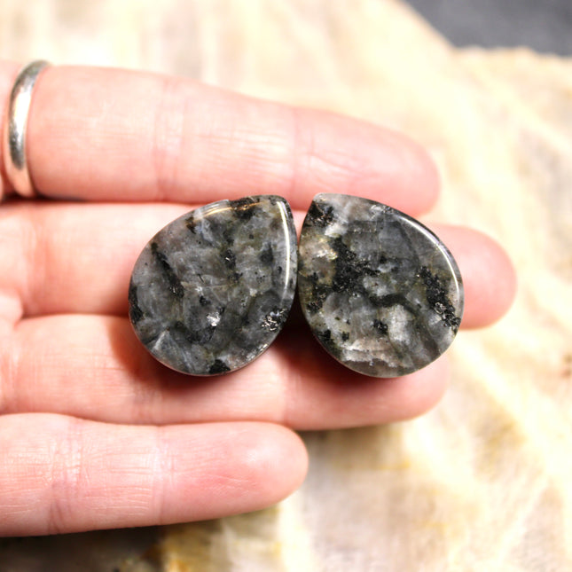 Larvikite Black Flashy Labradorite Tear Drop Plugs - Pair of Gray and Black Stone Gauges