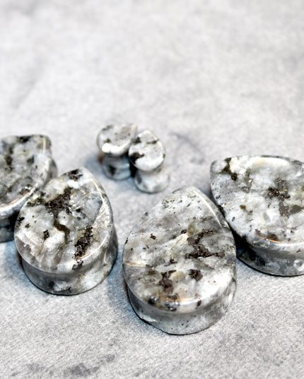 Larvikite Black Flashy Labradorite Tear Drop Plugs - Pair of Gray and Black Stone Gauges