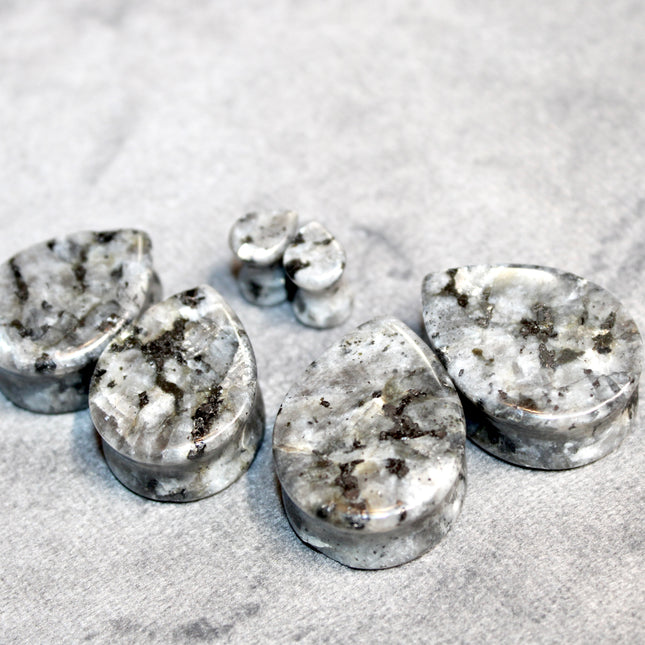Larvikite Black Flashy Labradorite Tear Drop Plugs - Pair of Gray and Black Stone Gauges