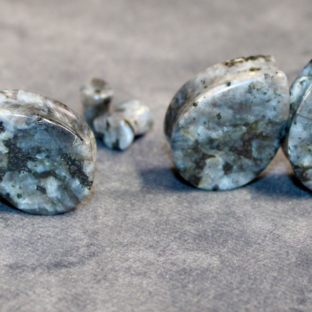 Larvikite Black Flashy Labradorite Tear Drop Plugs - Pair of Gray and Black Stone Gauges