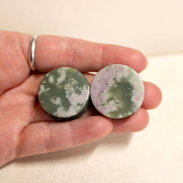 Peace Jade Double Flare Stone Plugs - Purple and Green Pair of Natural Gauges