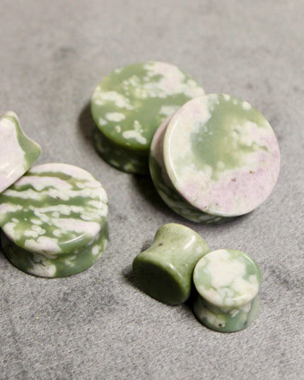 Peace Jade Double Flare Stone Plugs - Purple and Green Pair of Natural Gauges