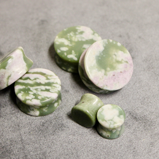 Peace Jade Double Flare Stone Plugs - Purple and Green Pair of Natural Gauges