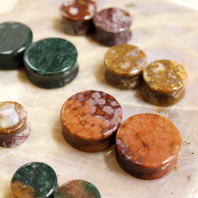 Ocean Jasper Double Flare Stone Plugs Unique Green, Red, Yellow and Purple Gauges