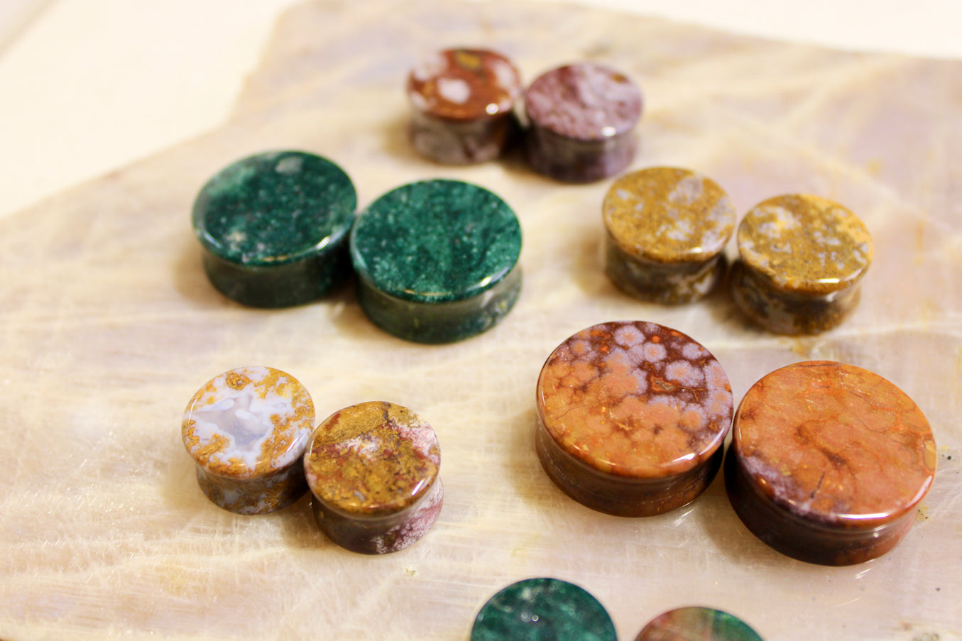 Ocean Jasper Double Flare Stone Plugs Unique Green, Red, Yellow and Purple Gauges
