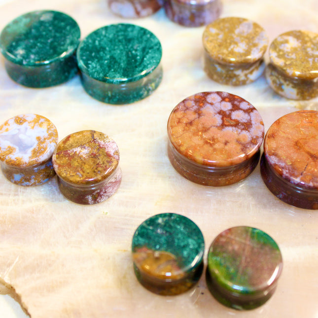 Ocean Jasper Double Flare Stone Plugs Unique Green, Red, Yellow and Purple Gauges