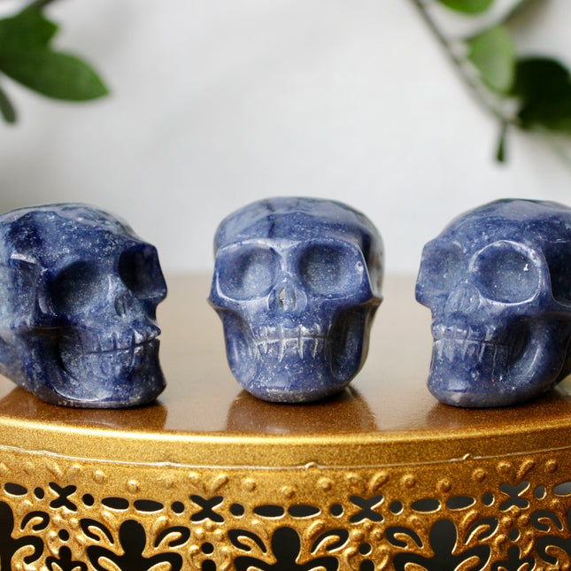 This 2.5" Blue Aventurine Skull is expertly hand-carved from natural gemstone, showcasing rich blue tones and intricate detailing. Each piece is polished to a smooth finish, making it a striking addition to any space. Due to the natural material, each skull is one of a kind, with unique patterns and shading.