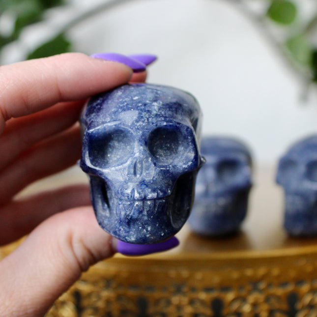This 2.5" Blue Aventurine Skull is expertly hand-carved from natural gemstone, showcasing rich blue tones and intricate detailing. Each piece is polished to a smooth finish, making it a striking addition to any space. Due to the natural material, each skull is one of a kind, with unique patterns and shading.