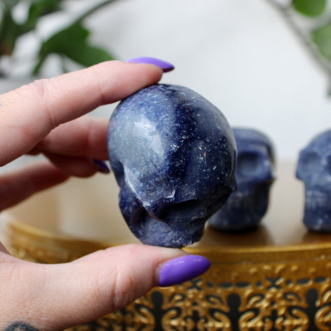 This 2.5" Blue Aventurine Skull is expertly hand-carved from natural gemstone, showcasing rich blue tones and intricate detailing. Each piece is polished to a smooth finish, making it a striking addition to any space. Due to the natural material, each skull is one of a kind, with unique patterns and shading.
