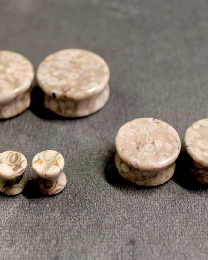 Lily Fossil Jasper Stone Double Flare Plugs Pair Natural Stone of Gauges