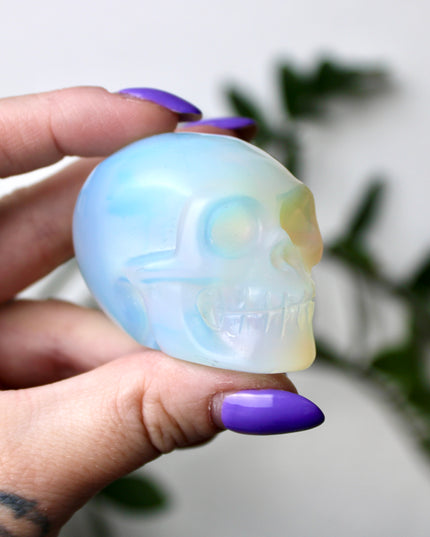 Opalite Skull – 2.5″ Hand-Carved Iridescent Glass Skull, Polished Decor Piece or Unique Gift