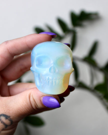 Opalite Skull – 2.5″ Hand-Carved Iridescent Glass Skull, Polished Decor Piece or Unique Gift