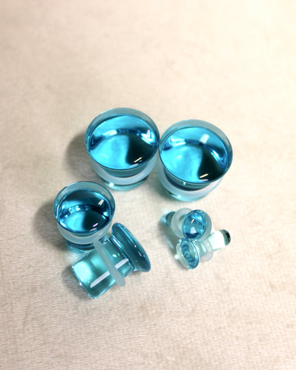 Blue Aqua Single Flare Glass Plugs Pair