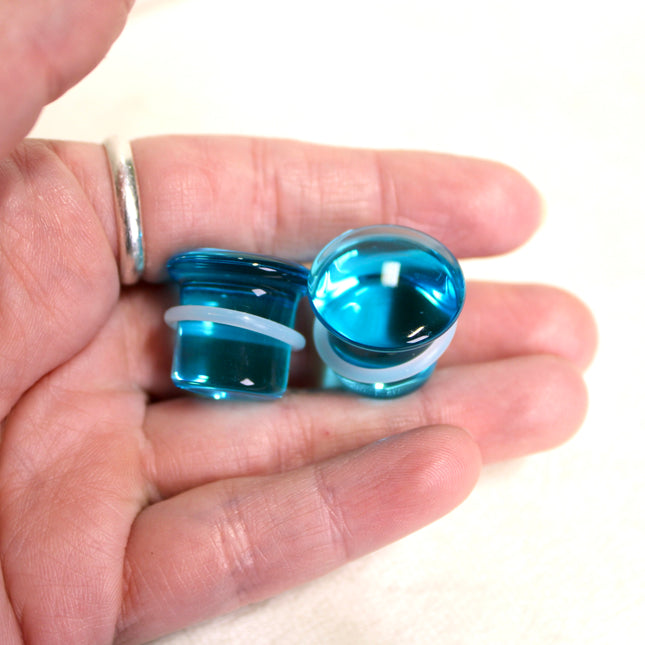 Blue Aqua Single Flare Glass Plugs Pair